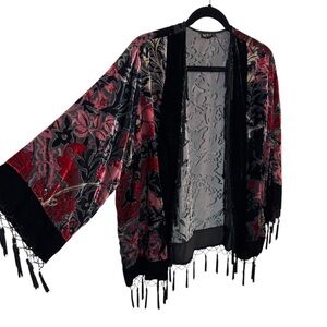 MSK Velvet Burnout Red Black Piano Fringe Beaded Jacket Art-to-Wear Size M NWT